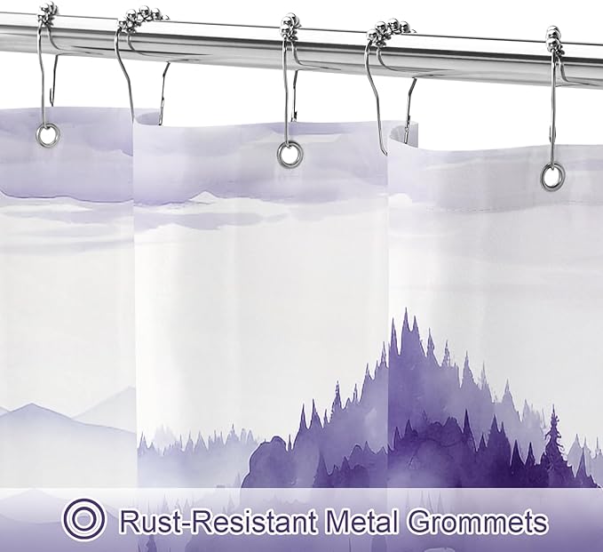 Purple Long Misty Pine Forest Shower Curtain 72 x 78, Mountain Foggy Woodland Scenery Tree 78 Inch Long Shower Curtains for Bathroom, Abstract Waterproof Nature-Themed Decor