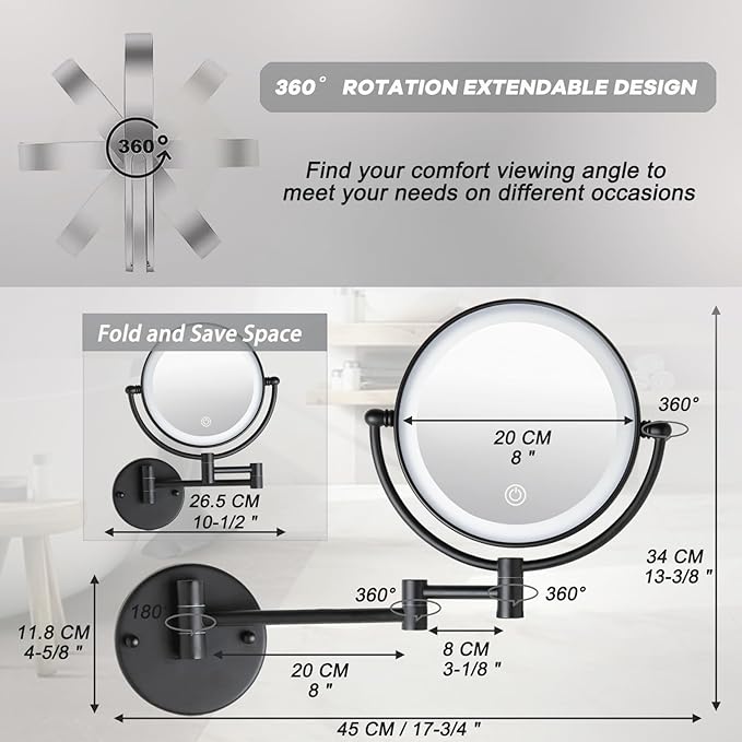 Brass Lighted Wall Mounted Mirror Magnifying 1×10×, 8-Inch Rechargeable Double Sided, Touch Dimmable Extended Arm 360 Rotation Cosmetic Mirror for Bathroom, Matt Black