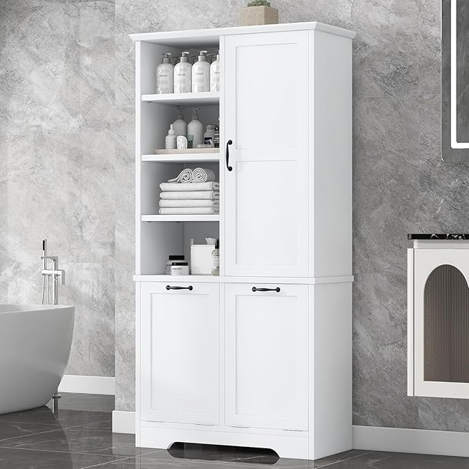 Virubi Tall Laundry Hamper Cabinet with 2 Tilt Out Hamper, Wood Tall Bathroom Laundry Room Storage Cabinet with Adjustable Shelves, Freestanding (White)