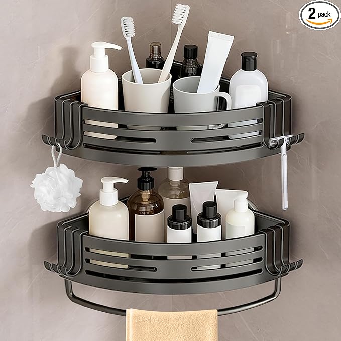 Conworld Corner Shower Caddy with Suction Cups, Shower Suction Shelf With Towel Bar, Wall Bathroom Shower Organizer Corner with Hooks, No-Drilling Removable (Aluminum, 2-Pack, Gunmetal Gray)