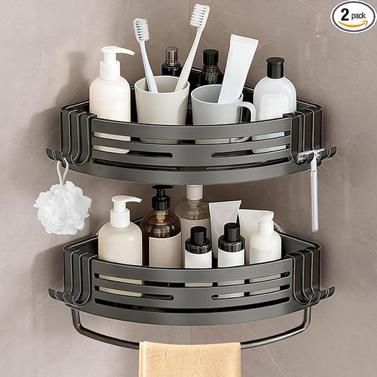 Conworld Corner Shower Caddy with Suction Cups, Shower Suction Shelf With Towel Bar, Wall Bathroom Shower Organizer Corner with Hooks, No-Drilling Removable (Aluminum, 2-Pack, Gunmetal Gray)