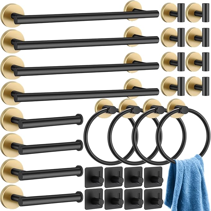 Blulu 28 Pcs Bathroom Hardware Set Stainless Steel Bathroom Accessories Set, Including 16'' Bath Towel Bar, Towel Rings, Robe Hooks, Toilet Paper Holders, Wall Mounted (Black Gold)