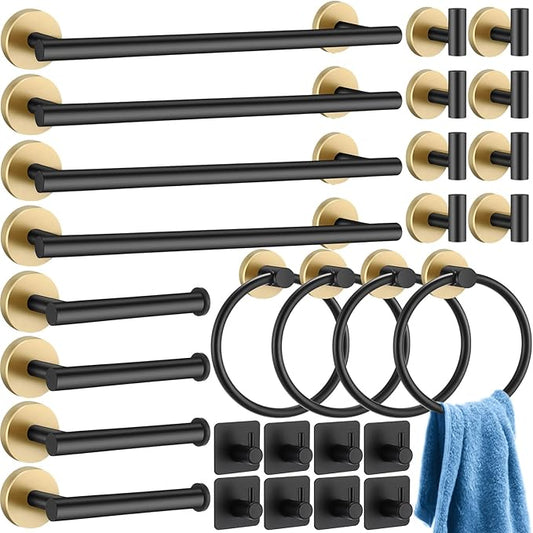 Blulu 28 Pcs Bathroom Hardware Set Stainless Steel Bathroom Accessories Set, Including 16'' Bath Towel Bar, Towel Rings, Robe Hooks, Toilet Paper Holders, Wall Mounted (Black Gold)