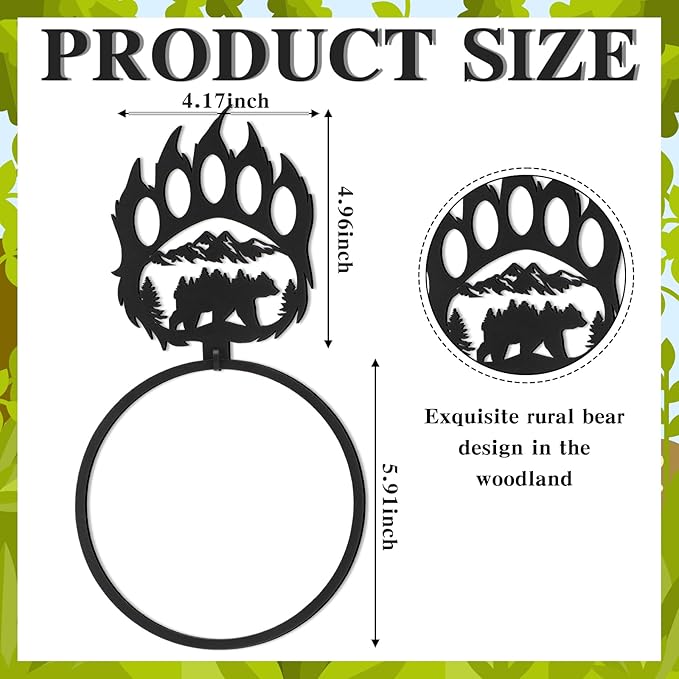 Bear Hand Towel Holder Ring Matte Black Bear Paw Towel Holder for Bathroom Forest Cabin Hand Cloth Ring Rustic Bath Facecloth Holders Wall Mount Round Washcloth Racks for Bath Kitchen Decor
