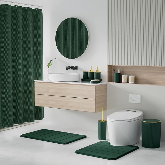 Dark Green Bathroom Accessories Set - Bathroom Sets, 25PC Bath Accessory Set, Bathroom Sets with Push Top Trash Can, Shower Curtain and Rugs, Toilet Brush, Trash Can & Soap Dispenser
