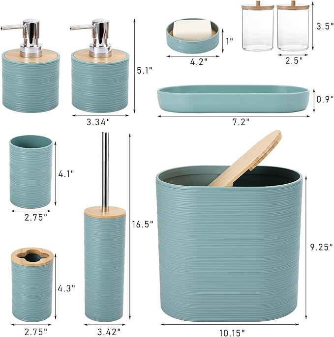 XLHOMO Blue Bathroom Set, Light Blue Bathroom Accessories Set with Trash Can, 2PCS Soap Dispensers, Soap Dish, Toothbrush Holder, Toothbrush Cup,Toilet Brush, Tray and Qtip Holders for Bathroom Decor