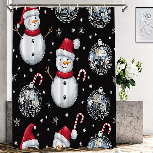 Shrahala Christmas Snowman Decorative Shower Curtain, Silver Disco Mirror Ball Bathroom Décor Polyester Fiber Waterproof with Plastic Rings for Shower Stall Bathtubs 72 x 60 in