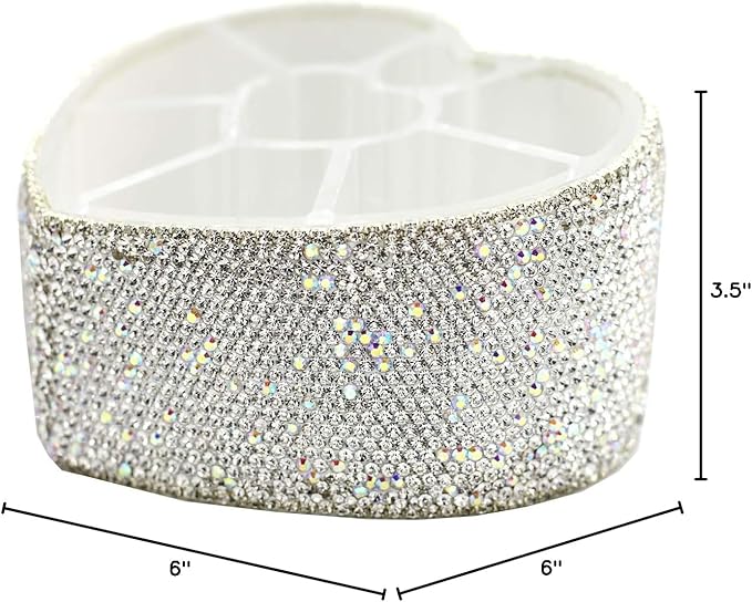 Desktop Cosmetic Storage Box 8-hole Heart-Shaped Bling bling Rhinestone Cosmetic Tools storage Box Jewelry Storage Box (Silver)