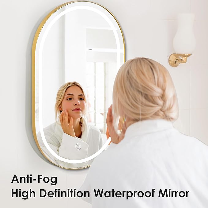 SogesHome Wall Mounted Mirror Medicine Cabinet 33"X20" with LED Lights, Oval Vanity Mirror Storage with Shelves, Modern Decro Recessed Mirror Medicine Cabinet for Bathroom, Bedroom, Gold