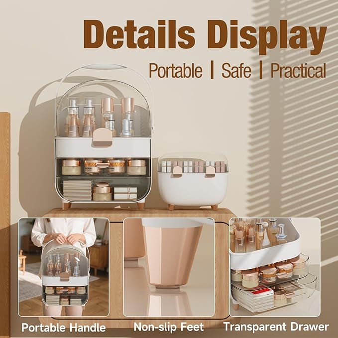 Makeup Organizer for Vanity with perfume Storage Box, Countertop Skincare Organizer with 2 Drawers, Cosmetic Display Case for Perfumes, Eyeshadow Palettes, Nail Polishes, Rose Gold