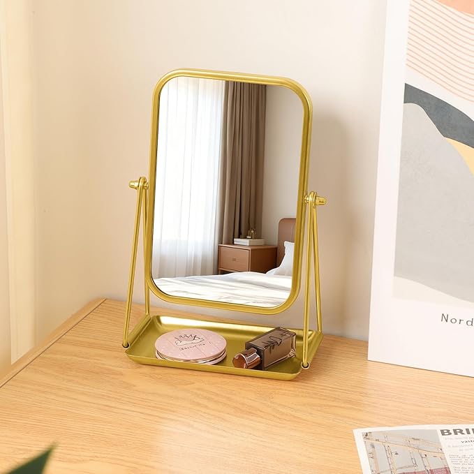 Gold Desk Mirror Rectangular Tabletop Vanity Makeup Mirrors with Metal Stand and Storage 360°Rotation Adjust Table Mirror Portable Cosmetic Mirrors for Dressing Bathroom Bedroom