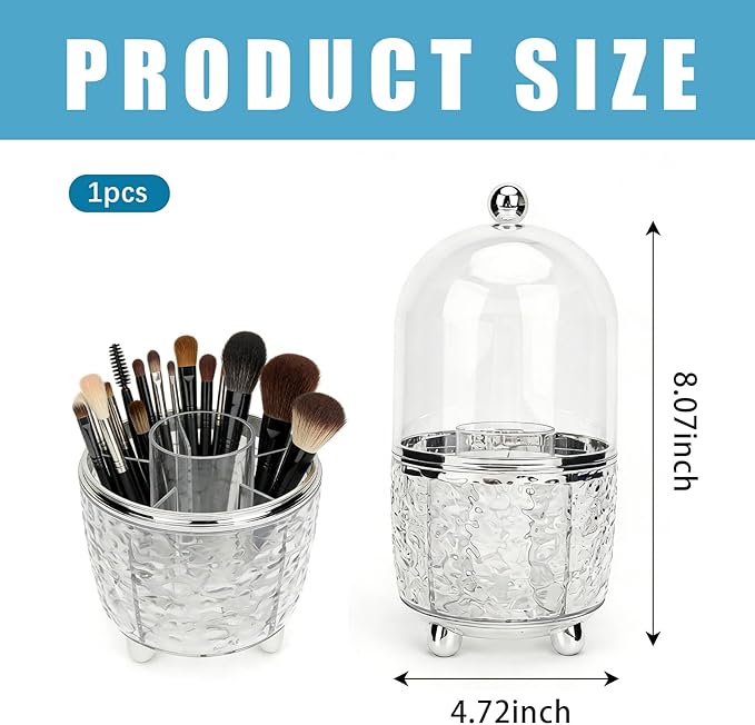 AKAZA 1PCS Rotating Makeup Brush Holder with Lid, rotating makeup organizer for vanity, 360?? Spinning Covered Brushes Storage with Anti-slip Pads for Vanity, Bathroom Countertop (Clear)