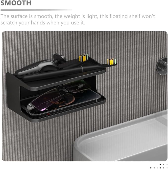 BESPORTBLE Double Layer Bedside Shelf Wall Organizer Floating Storage Rack for Bathroom Kitchen Office Space-Saving Black Wall-Mounted Shelf with Upper Tray for Mobile Phones and Personal