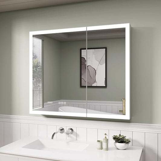 LED Medicine Cabinet Mirror, 36 x 30 Inch Inch Bathroom Storage, Recessed/Wall Mount, Plug-in/Hardwired, 3 Color Dimmable Light, Anti-Fog, Time Temp Display
