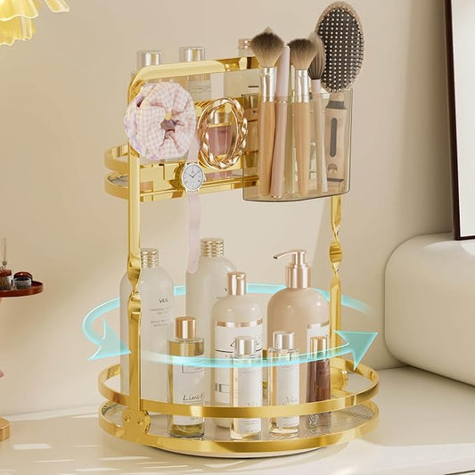 360 Rotating Makeup Organizer, Gold Perfume Organizer, 2 Tier Bathroom Counter Organizer, Multi-Function Spinning Skincare Storage, Cosmetic Display Case with Brush Holder for Vanity Dresser