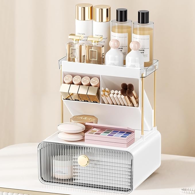 Makeup Organizer with Drawer for Vanity, 2 Tier 5 Zones Cosmetic Display Case Detachable, Cosmetic Storage Perfume Shelf for Bathroom Counter, Perfect Storage Solution for Your Beauty Essential(Clear)