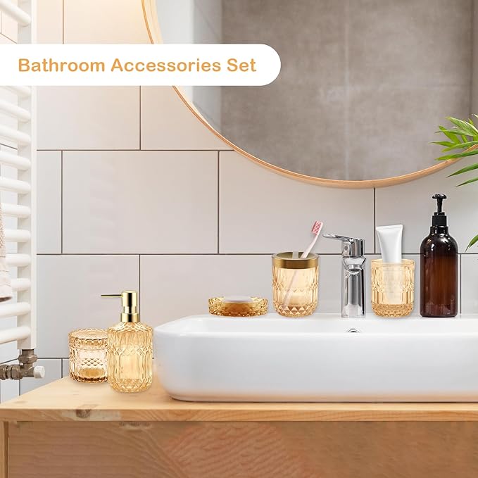 5Pcs Golden Bathroom Accessories Set, Glass Bathroom Accessories, Vintage Bathroom Countertop Decoration Includes Soap Dispenser, Toothbrush Holder, Qtip Holder,Soap Dish and Rinsing Cup