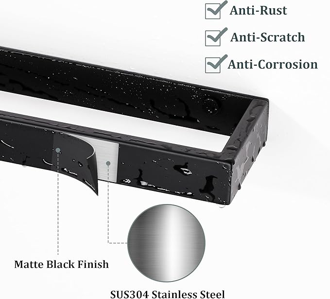 Sayayo Matte Black Towel Bar for Bathroom, 16 Inch Hand Towel Holder Wall Mount, Screw or Self Adhesive Towel Ring Square SUS304 Stainless Steel, 3.2 Inch Wide