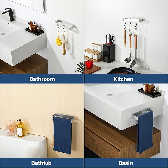 SAYAYO Brushed Nickel Hand Towel Holder for Bathroom Wall, 8 Inch Self Adhesive Towel Bar Hand Towel Rack Square Heavy Duty