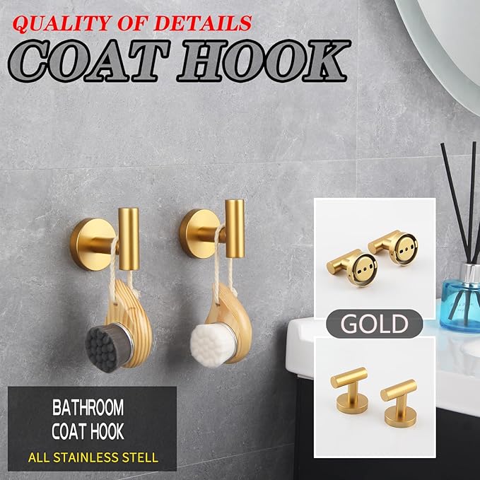 GERZWY Bathroom 3-Piece Accessories Hardware Set Gold Stainless Steel - 2X Coat Hook Toilet Paper Holder AG1401B-BE