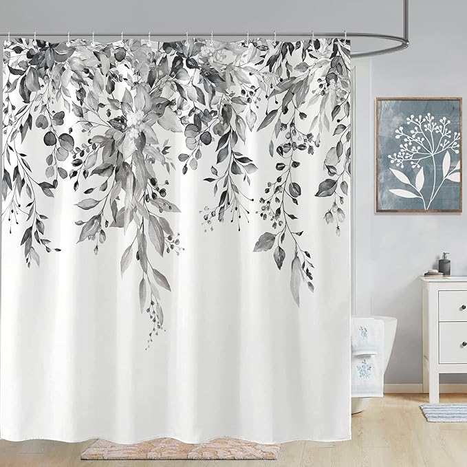 kampdream Grey and White Eucalyptus Plant Shower Curtain, Watercolor Leaves On The Top Botanical Bathroom Curtain 72 ×72 Inch