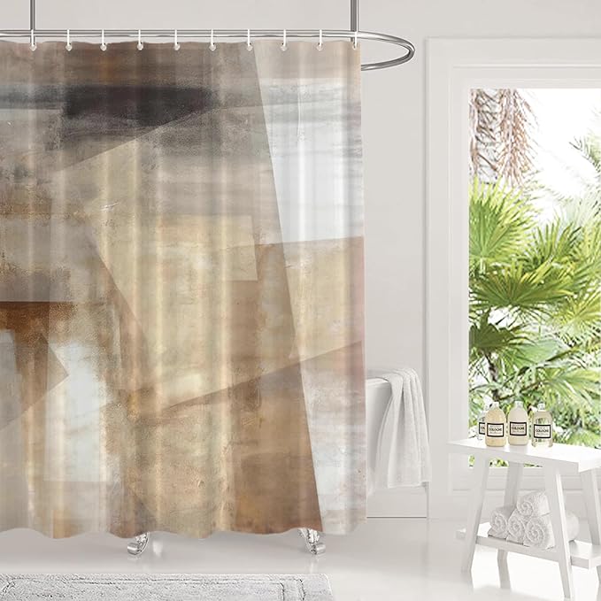 Shrahala Brown and Beige Abstract Art Painting Shower Curtain, Brushstrokes Abstract Brush Painting for Bathtubs Bathroom Decor Waterproof 60x72 Inch
