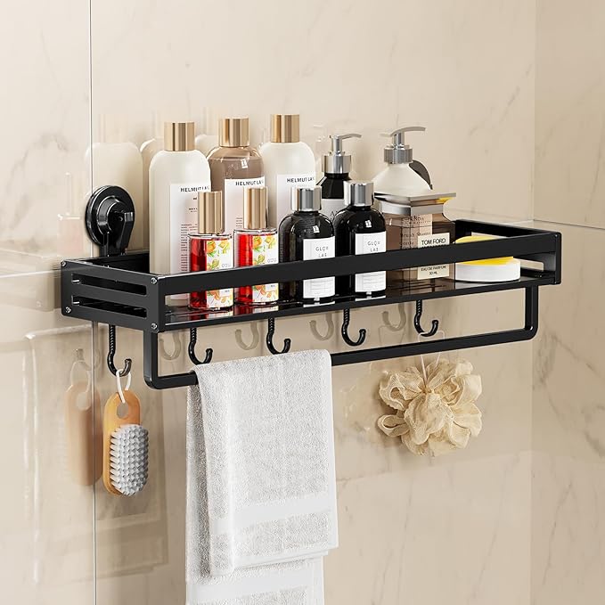 Shower Caddy Suction Cup, 15.7 inch Suction Shower Shelf with Hooks NO-Drilling Bathroom Holder, Rustproof Bathroom Organizer, Black
