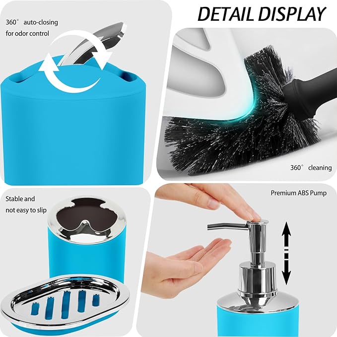 Lnond Blue Bathroom Set, 23-Piece Blue Black Geometric Bathroom Decor Set with with Shower Curtain and Rugs, Trash Can, Toilet Brush Holder Set & Soap Dispenser