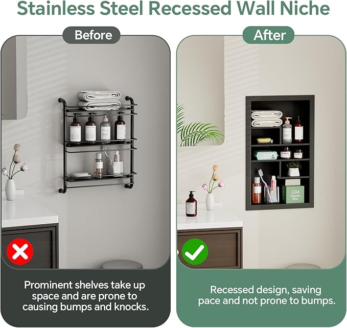 Stainless Steel Recessed Medicine Cabinet 14 * 24, Rust-proof Metal Wall Niche, In Wall Shower Niche Shelf Insert Replacement, Recessed Medicine Cabinets for Drywall, with 5 Compartments, Black