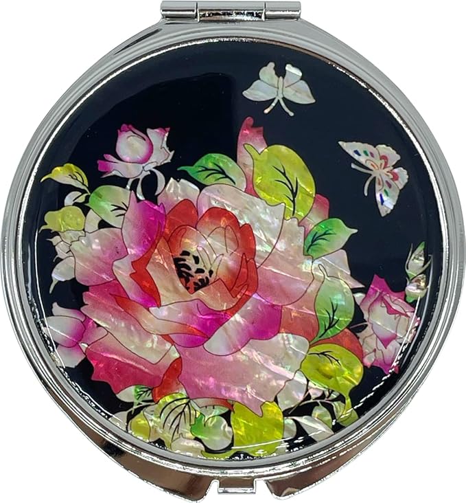 Portable Makeup Compact Double Magnifying Mirror Cosmestic Foldable Pocket Style Unique Mother of Pearl Design (Rose)