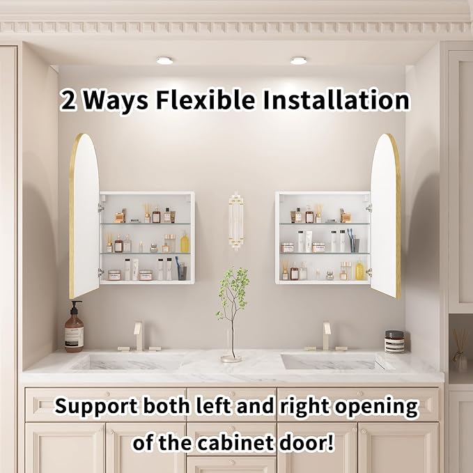 Arched Gold Medicine Cabinet with Mirror, 20x32 Inch Surface Mount Bathroom Storage Cabinet, Wall Mounted Mirror Cabinet with Adjustable Glass Shelf, Left or Right Door Opening, Brushed Gold Finish
