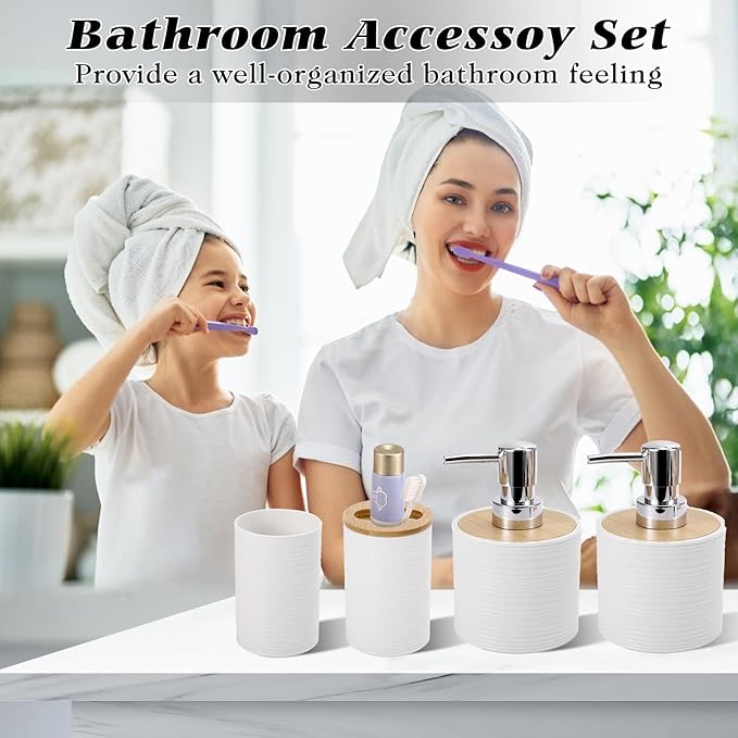 XLHOMO White Bathroom Set, White Bathroom Accessories Set with Trash Can, 2PCS Soap Dispensers, Soap Dish, Toothbrush Holder, Toothbrush Cup,Toilet Brush, Tray and Qtip Holders for Bathroom Decor