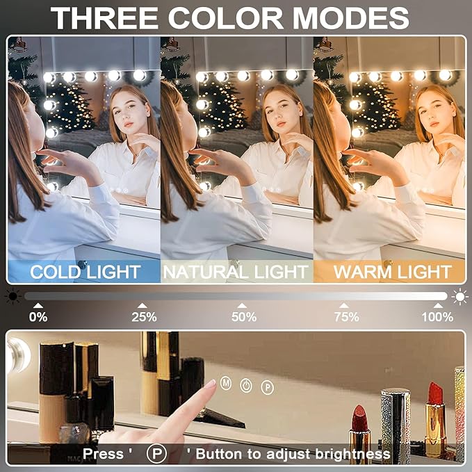 Kottova 23"x18.1" Vanity Mirror with Lights, Lighted Makeup Mirror with 15 Dimmable LED Bulbs, Hollywood Mirror with 3 Color Lightings, USB Charging Port Touch Control, Metal Frame,Plug in (White)