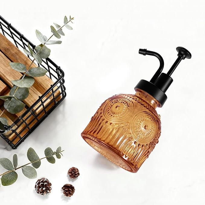 Amolliar 8 Oz Vintage Glass Bathroom Soap Dispensers with Pump, 2 Pack Refillable Kitchen Dish Soap Dispenser with Stripe, Antique Rustic Hand Soap Liquid Bottle (Brown-Black Pump)