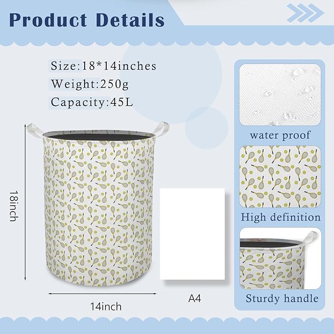 Tennis Laundry Basket Hamper, Sports Nursery Decor, Tennis Lover Fan Player Gifts Foldable Clothes Toys Books Storage Box Bins Baskets Organizer for Kids Bedroom Bathroom Sports Room