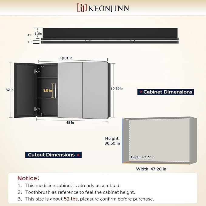 Keonjinn 48 x 32 Inch Large Gold Medicine Cabinets, Recessed Bathroom Medicine Cabinet, Dim Brushed Brass Stainless Steel Framed, Sturdy & Heavy, Stepless Adjustable Shelves, DTC Hinges, Modern