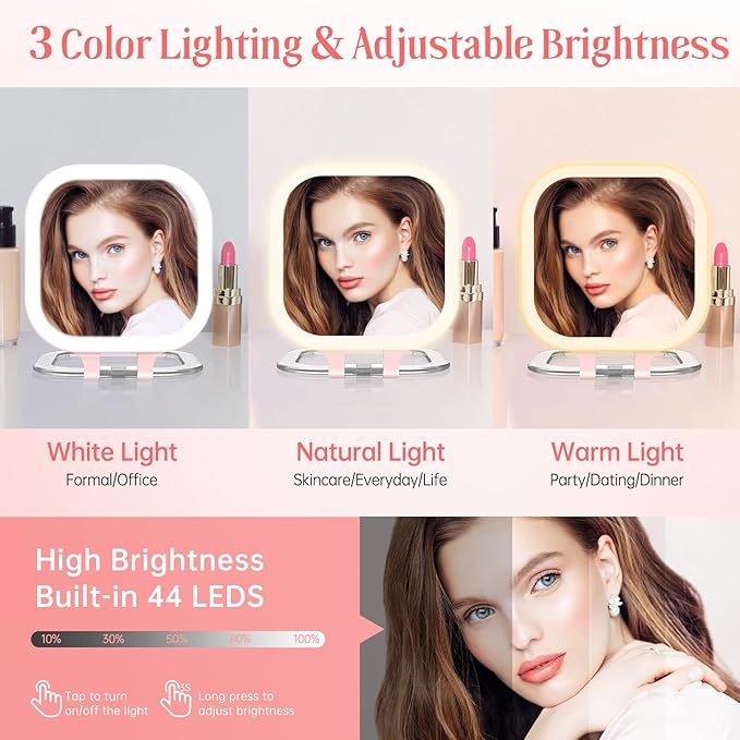FASCINATE Compact Travel Makeup Mirror with Lights and Magnification, 3.5 inch Portable 1X/30X Magnifying Mirror with 3 Color Light, Folding, Handheld (Pink)