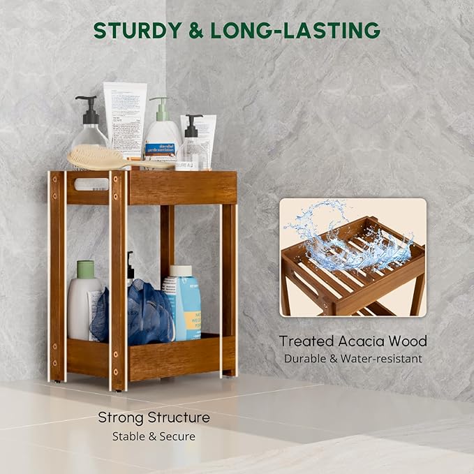 BEEFURNI Acacia Wood Shower Caddy, 2 Tier Shower Organizer, Sturdy Corner Shower Caddy, Wooden Bathroom Shelves Freestanding, Bathroom Standing Shelf (2T)