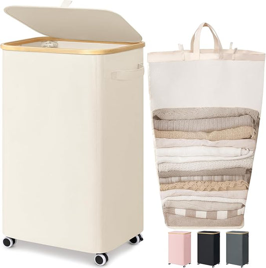 Goodpick Laundry Basket with Wheels, Large Laundry Hamper with Lid 100L Clothes Hamper with Removable Laundry Bag Collapsible Dirty Clothes Basket for Laundry Room, Bedroom, Beige