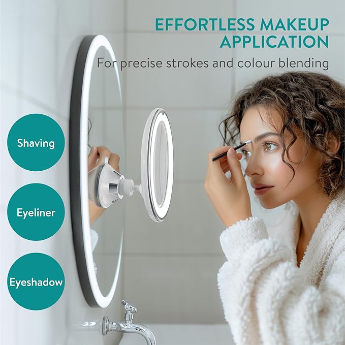 Navaris LED Magnifying Mirror with Lights - Powerful 10x Magnification for Makeup - Illuminated and Magnified Make Up Mirror with Light and Secure Suction Cup for Easy Attachment
