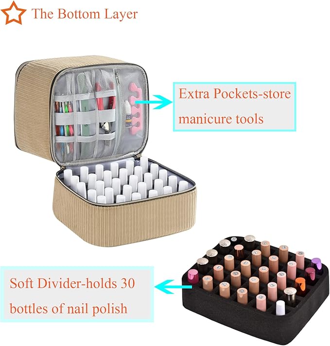 Corduroy Nail Polish Organizer and Nail Lamp Case, Nail Kit Organizer Holds 30 Bottles (15ml - 0.5 fl.oz) and a Nail Lamp, Nail Polish Carrying Case with Manicure Tools Storage Sections (Brown)
