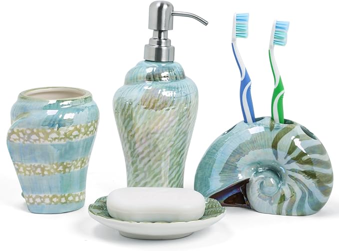 Ocean Conch Sea Shell Ceramic Bathroom Accessories Set of 4,1 Gargle Cups 1 Toothbrush Holders 1 Soap Dishes 1 Soap Dispenser (Green)