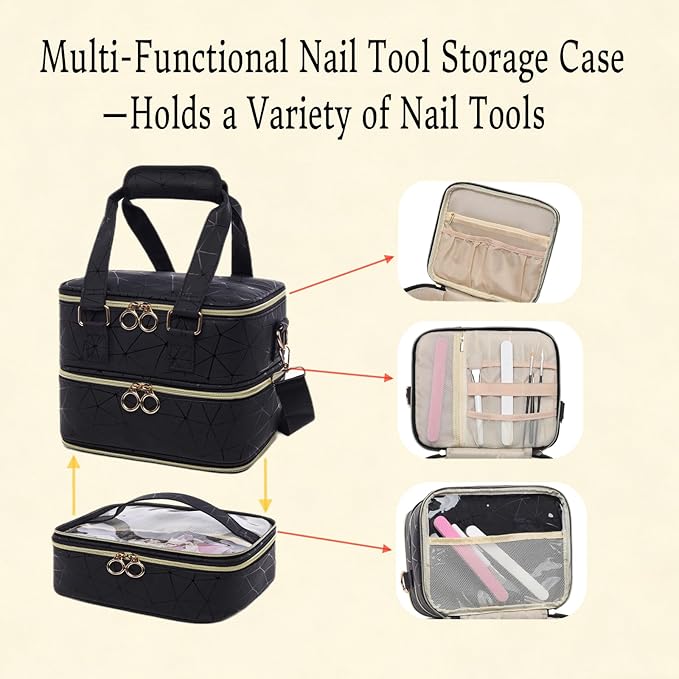 3 Layers Nail Polish Organizer Bag - Holds 60 Bottles,Portable Travel Case with Shoulder Strap,Nail Tech Kit Storage,Versatile Cosmetics Case,Detachable,Waterproof,Gifts for Women