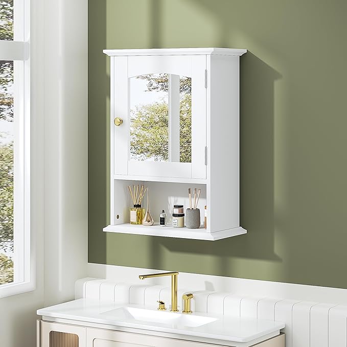 VECELO Bathroom Wall Cabinet with Mirror, Small Medicine Cabinets with Door, Wood Adjustable Shelf, 14.7 x 19.8 x 7.1 Inches, White