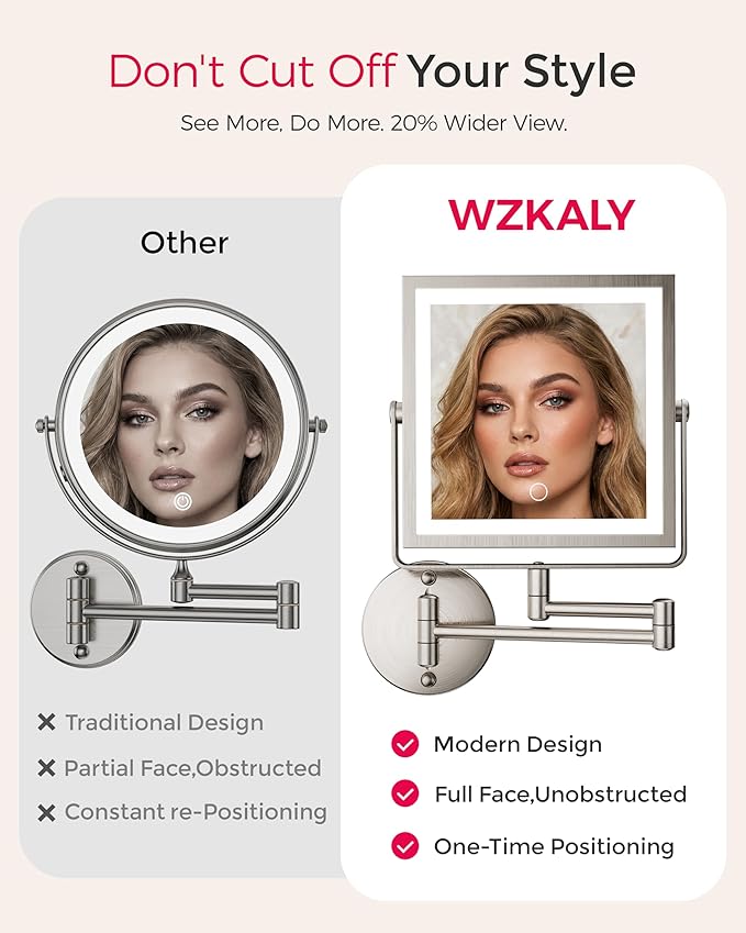Rechargeable Wall Mounted Makeup Mirror with Lights, 4000mAh Double Sided 1X/10X Magnifying Vanity Mirror with 3 Color Lights, Touch Dimmable, 360° Extension Foldable Arm(Brushed Nickel）