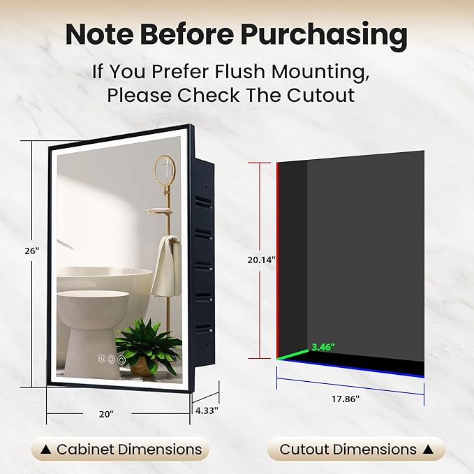 LED Lighted Medicine Cabinet with Mirror, Recessed or Wall Mounted Bathroom Mirror with Storage, Anti-Fog, 3-Color Dimming, Adjustable Shelves, Black Metal Frame - 20x26 inch