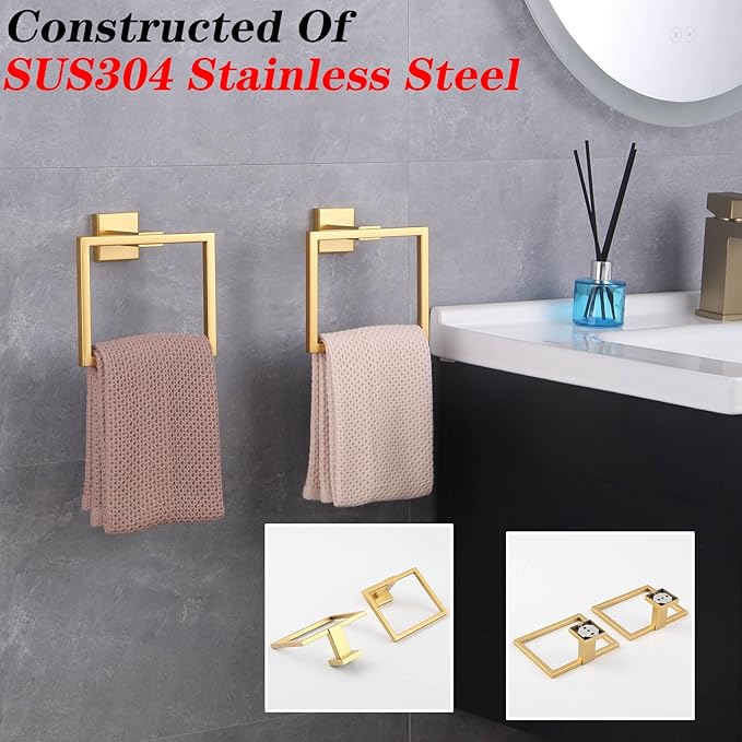 GERZWY Bathroom Hand Towel Holder Gold Stainless Steel Towel Ring for Bath Kitchen Garage Heavy Duty Wall Mounted JG1916-2BE