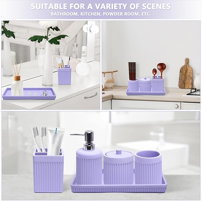 XLHOMO Resin Light Purple Bathroom Accessories Set 5 Pcs, Lotion Soap Dispenser, Toothbrush Holder, Bathroom Tumbler, Qtip Holder and Vanity Tray, Bathroom Countertop Organizer Set for Home Apartment
