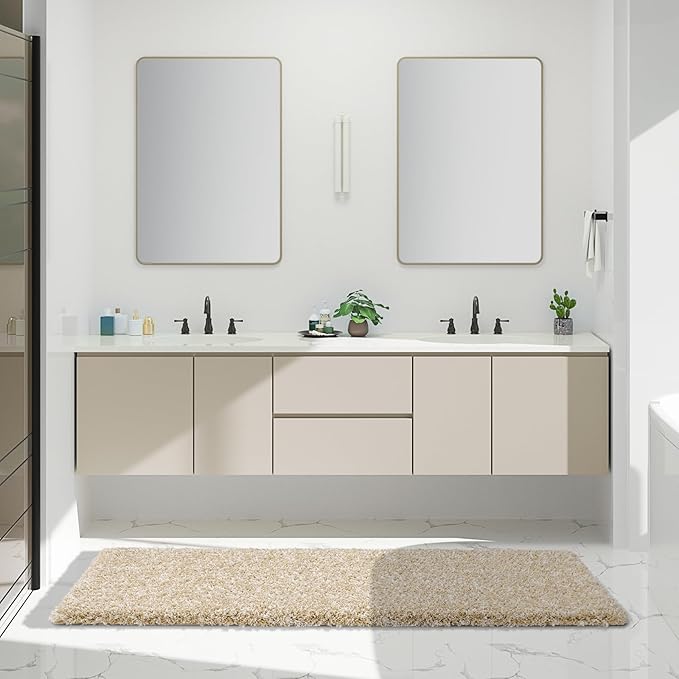 Yimobra Luxury Bathroom Rugs, Fluffy Bath Mats, Non Slip, Water Absorbent Microfiber, Machine Washable, Plush Runner Shower Rugs, Thick Matts for Bathroom Floor/Tub, 70"x 24", Light Beige and White