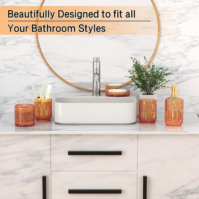 Orange Glass Bathroom Accessories Set 5 Pcs, Orange Bathroom Set, Soap Dispenser and Toothbrush Holder Set, Qtip Holder Set, Vintage Bathroom Sink Set, Cute Bathroom Decor